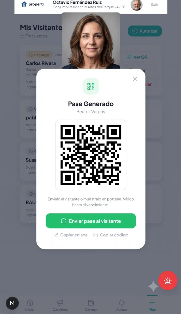 Residente generando pase QR para visitante